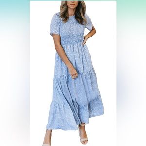 XXL Short Sleeve Smocked Blue Tiered Midi/Maxi Dress
